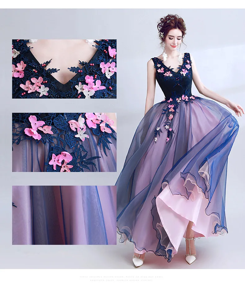 Robe de soiree, кружевное платье с v-образным вырезом, без рукавов, с бисером, синее, роскошное, элегантное, длинное, вечернее платье, знаменитые Аппликации, цветы, вечерние, торжественное платье