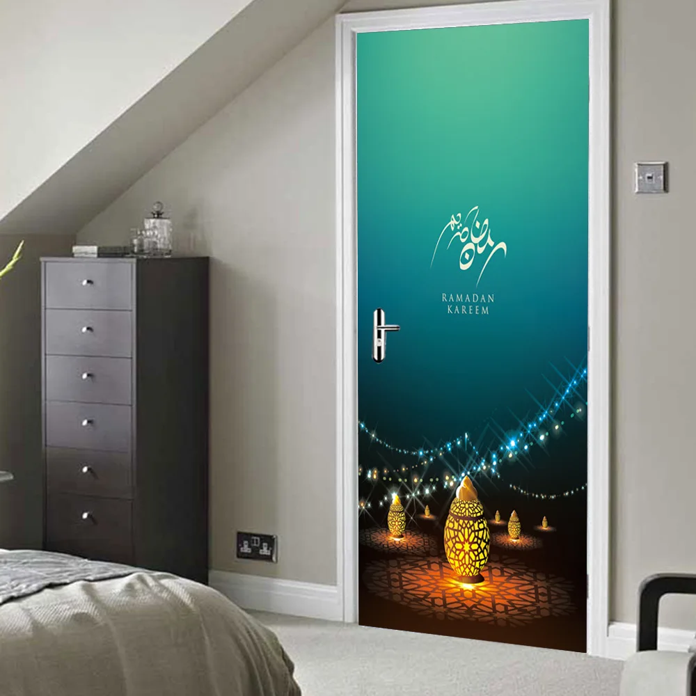 

Mosque Home Mural Poster Sofa Wall Decoration Islamic Lantern Vinyl Door Stickers Muslim Pattern Arabic Art Wall Decals Latest