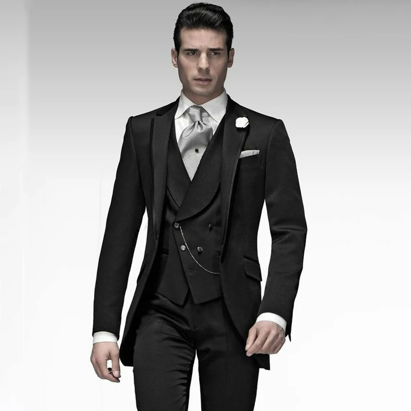

Latest Designs Italian Black Mens Suits Wedding Man Blazers Groom Tuxedos Single Breasted Bridegroom Wear 3piece Evening Party