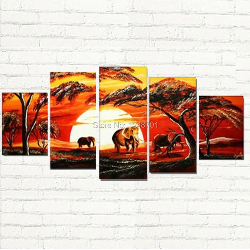 

handpainted Large 5 Piece Wall Art Elephant Africa oil Paintings Africa landscape for lobby home office wall decoration