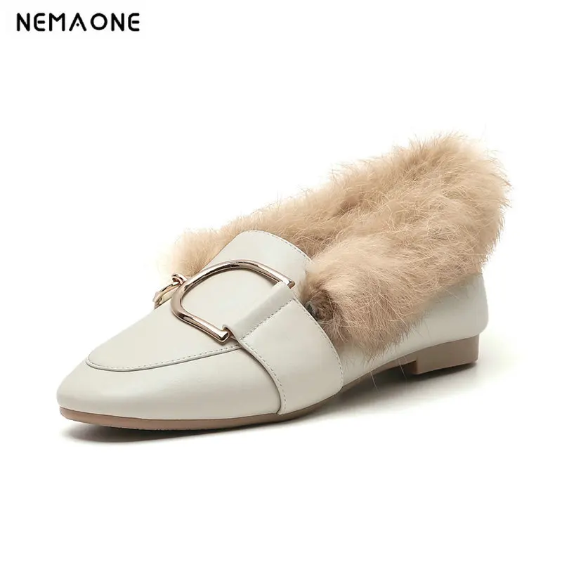 

NEMAONE Winter Women Flat shoes Fur single shoes woman fashion shoes square Toe Shallow shoes for woman large size 42