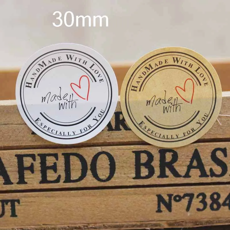 

100pcs handmade with love sticker seal label white/kraft paper self adhesive gifts /products note label sticker size 3cm