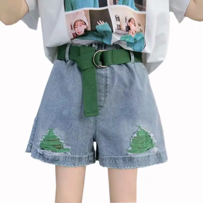 

New Summer Denim Shorts Cotton Women 2019 Vintage Hole Denim Hot Pants Loose Elastic Waist Harajuku Contrast Denim Shorts Female