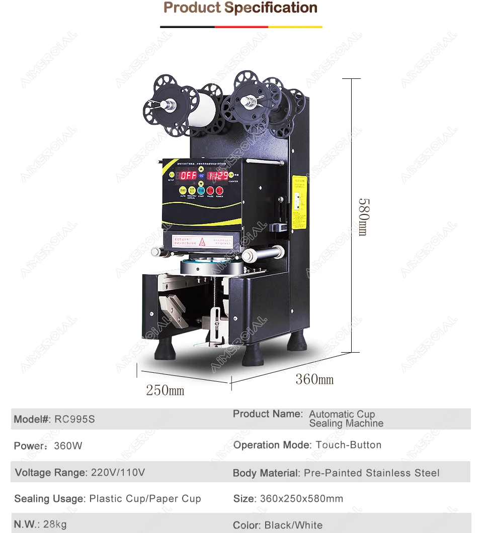 RC995S electric cup sealing machine Bubble tea machine Commercial Cup sealer seal 7/7.5/8.8/9/9.5cm PP/PC/PE cup