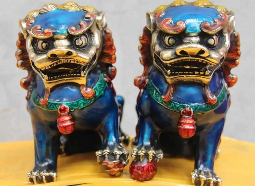 

Chinese Folk White Bronze Copper Silver Painted Fengshui Evil Fuu Dog Lion Pair