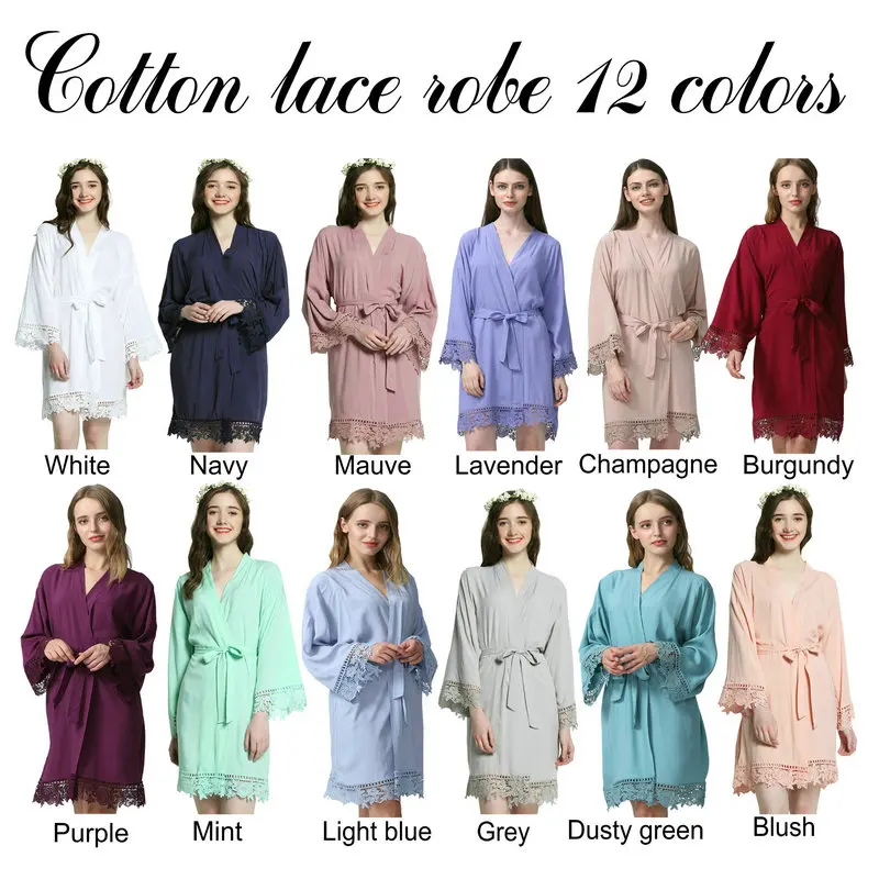 

Solid bride Cotton Kimono Robes With Lace Trim Women Wedding Bridal Robe Short Belt Bathrobe