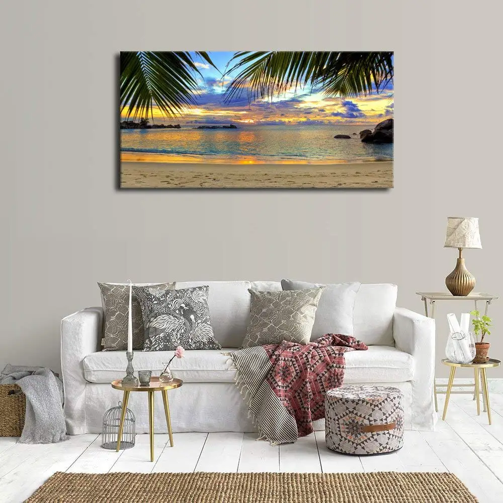 Tropic Beach Sunset with Palm Tree Leaves Landscape Picture Living Room Wall Decor Coast Sunset Painting Canvas Prints Wholesale