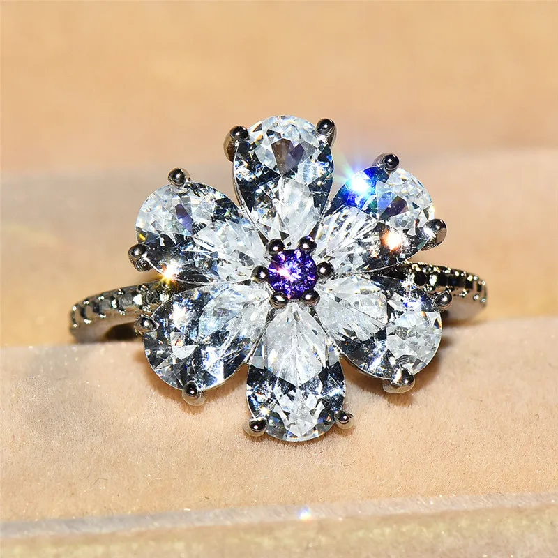 Cute Luxury Female Purple Flower Ring Crystal CZ Stone Ring 925 Silver