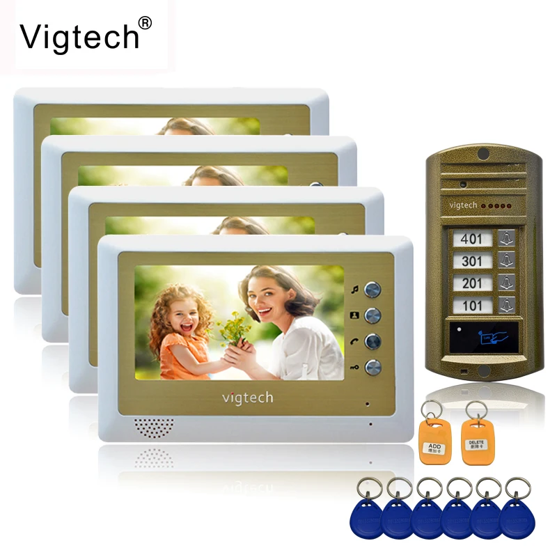 Vigtech 7'' color video door phone 4 monitors with 1 intercom doorbell can control 4 houses for multi apartment RFID Camera