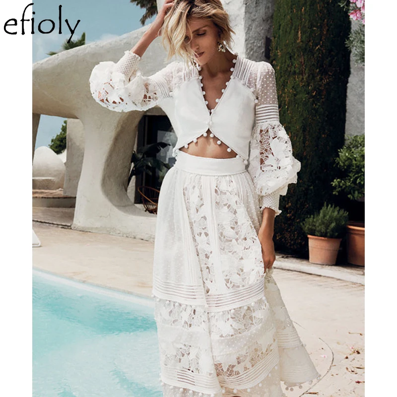 

EFIOLY Sexy V-neck Hollow High Waist Lantern Sleeve Long Sleeve Lace Stitching Dress High Street A-Line Full Hollow Out