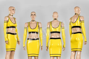 

New Design Shiny Latex Outfit Sexy Lingerie Rubber Latex Skirt With Top&Latex Long Gloves Night-Club Wear Yellow Dress Suit