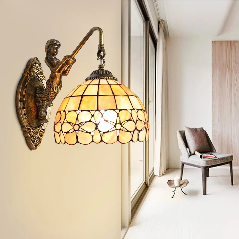 

Tiffany European garden flower shell Mermaid wall lamp bedside stairways bathroom mirror lamp