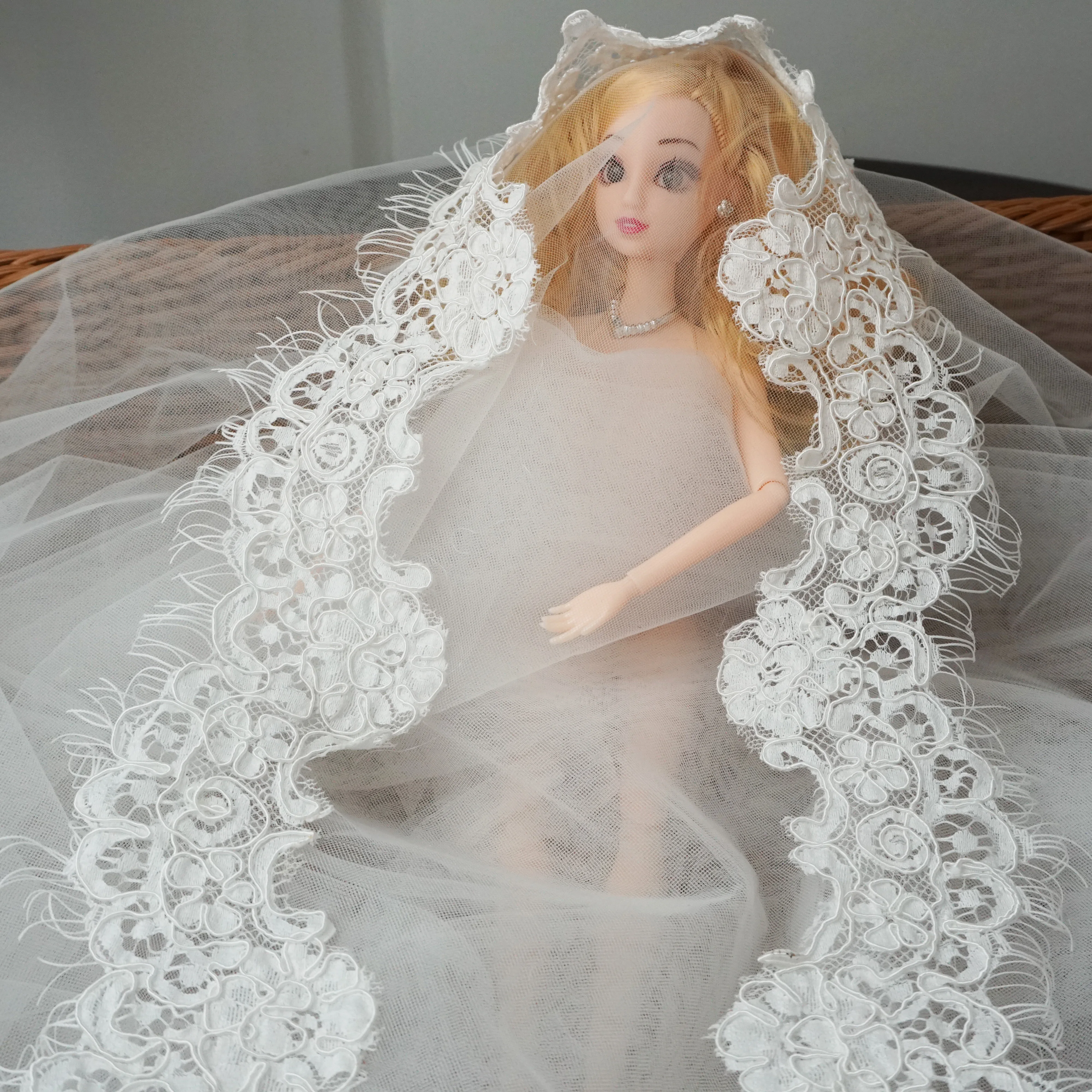 Corded lace eyelash veil trimming trim off white diamond light ivory 007 Corded lace eyelash veil trimming trim off white diamond light ivory 007