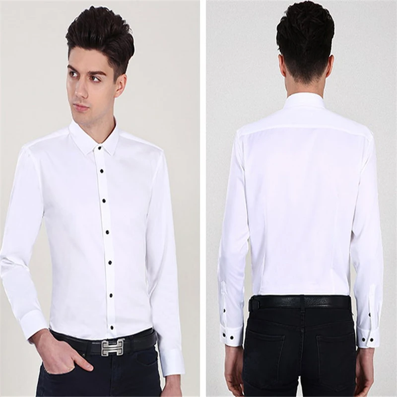 Online Nueva camisa de vestir clásica de fibra de bambú para hombre, camisas sociales de Color sólido para hombre, ropa de oficina de fácil cuidado, ropa interior masculina de ajuste Regular YN10227