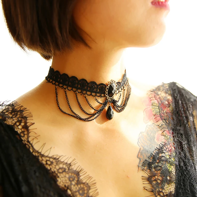 Gothic Victorian Crystal Tassel Tattoo Choker Necklace For Women