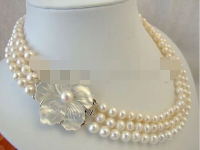 

Jewelr 005015 Beautiful AAA 17-19" 3row 9mm white round freshwater pearl necklace-shell clasp