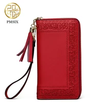 Pmsix 2018 Embroidery Cattle Split Leather Wallet Zipper Brand Long Womens Wallets Purses Black Red Ladies Clutch Wallet P420017