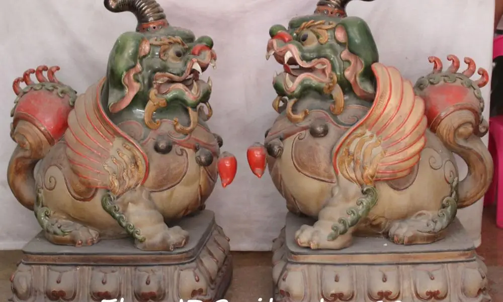 

26"Old China Wucai Porcelain Evil Dragon Beast PiXiu Brave Troops Pair Statue