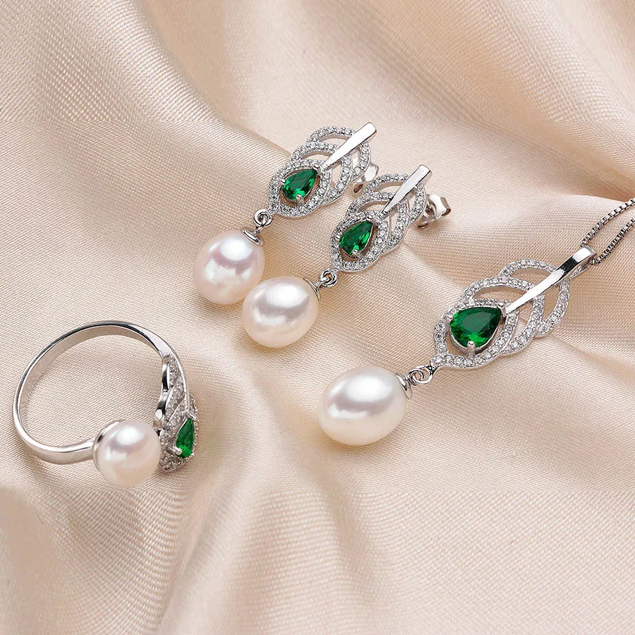 Самые модные наборы из натурального жемчуга для женщин AAAA высокое качество серебряное ожерелье серьги кольцо зеленый кристалл 4 цвета LINDO