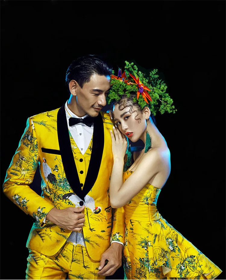 Модный бренд Для мужчин Костюмы золотой цветочный мужской Пиджаки для женщин Slim Fit Жених свадьба Пром этап певица Бизнес мужской смокинг