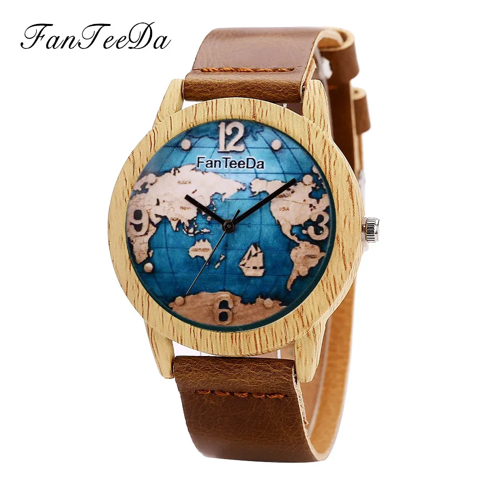 

FanTeeDa Men's Leather Wood Alloy Watch#FD068 2018 Simple Digital Earth Seal Quartz Leather Business Watch relogio feminino a80