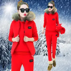 2017 г. новые зимние с капюшоном флис из трех частей Сгустите корейской моды для отдыха женские костюмы; повседневный комплект одежды жилет с