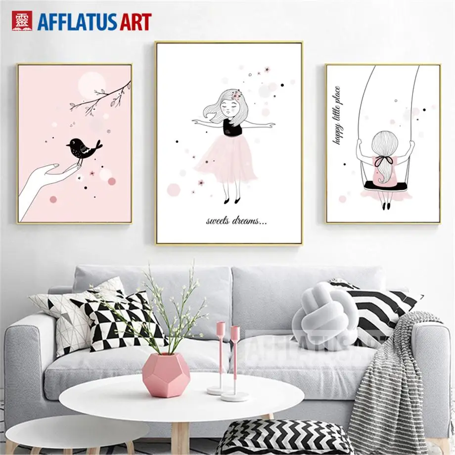 

Cartoon Pink Girl Bird Dream Quote Wall Art Canvas Painting Nordic Posters And Prints Watercolor Wall Picture Kids Room Decor