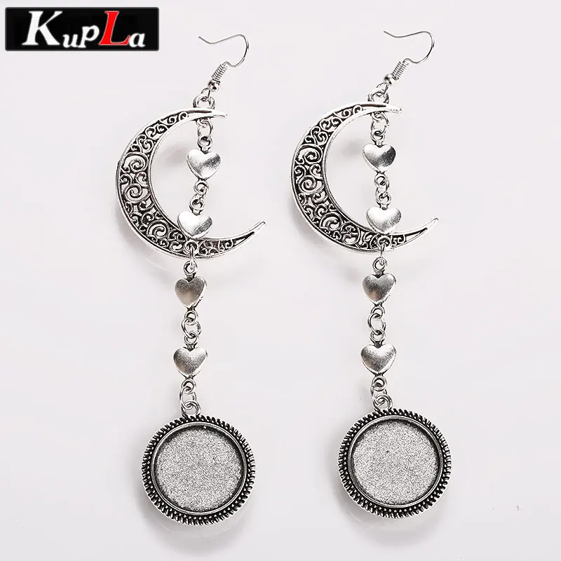 

Vintage Metal Moon Drop Earrings 20mm Round Cabochon Setting DIY Classic Design Earrings Base for Jewelry Making 3 Pair/lot