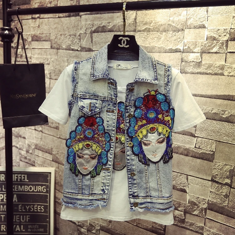 

Spring Summer Fashion Cartoon Embroidery Personality Denim Jacket Women's National Wind Facebook Jeans Vest Coat Slim Outwear