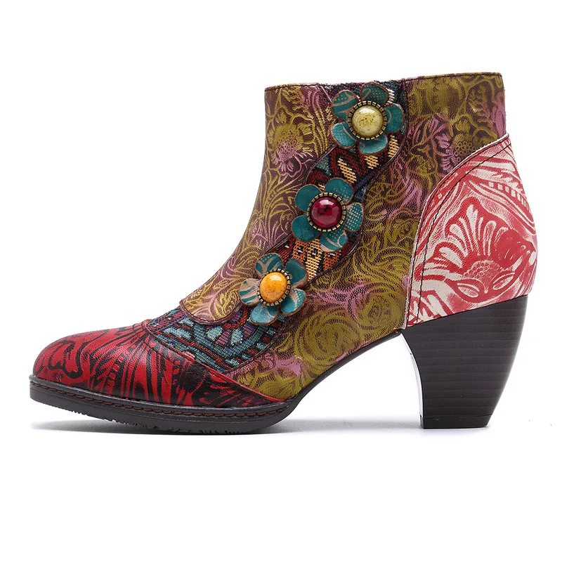 

Vintage Bohemian Printed Winter Boots Women Shoes Woman Genuine Leather Splicing Handmade Flower Women Ankle Boots Botas