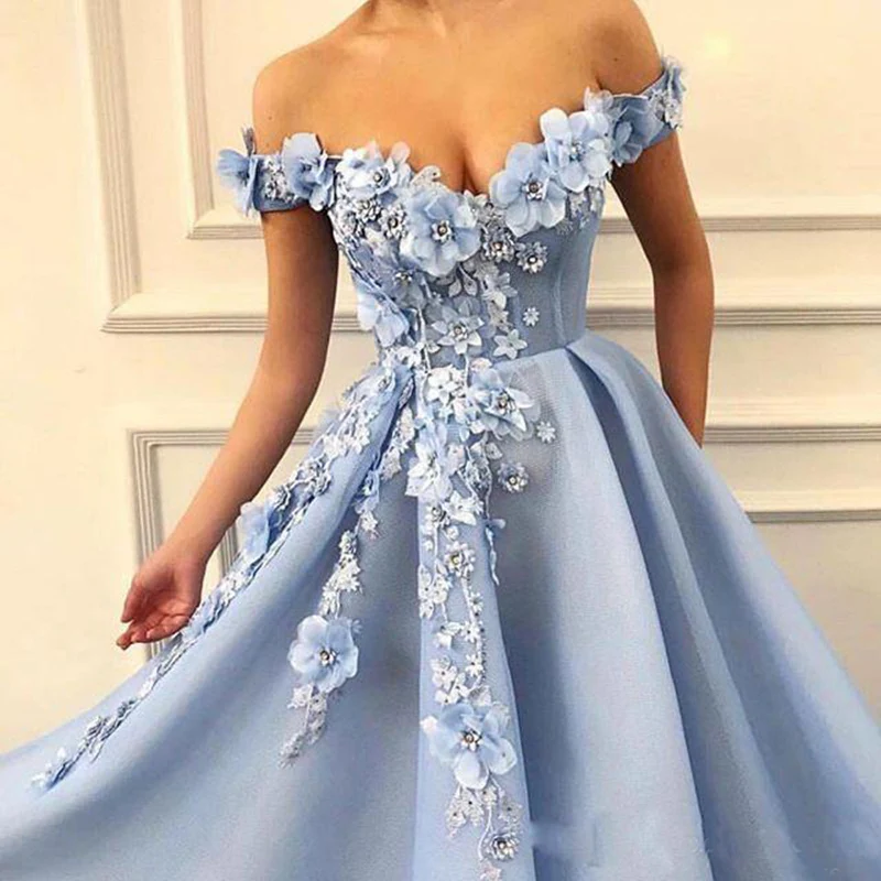 

Verngo Flowers Sky blue Lace-up Off the Shoulder Beading Lace-up Abendkleider Evening dress