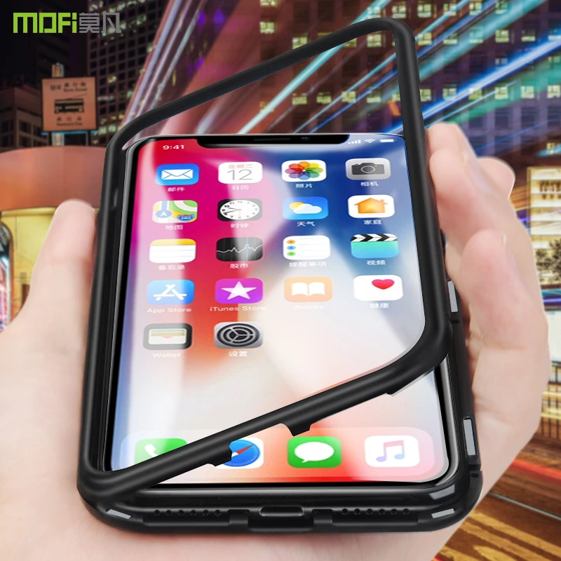 Goedkoop Voor iphone XS Max case cover MOFI voor iphone XS gehard glas case magneet metalen frame Case voor iphone XR transparant glas Case