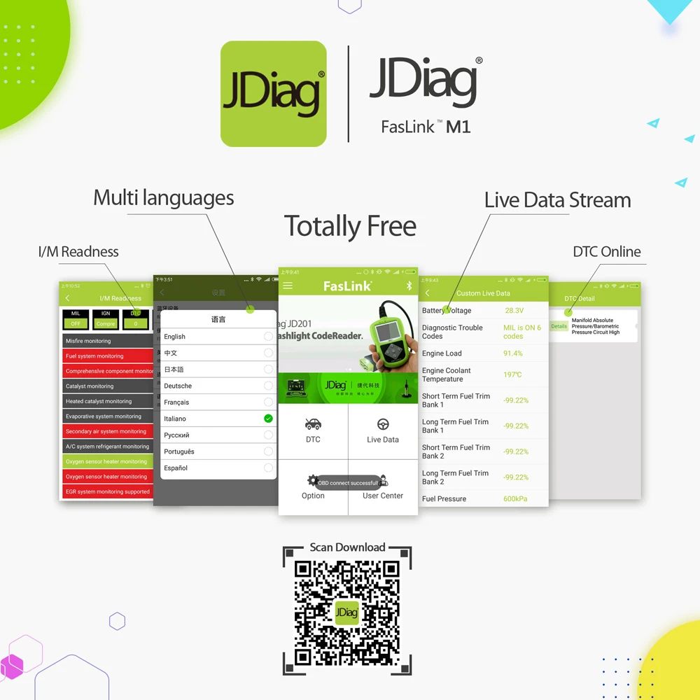 JDiag FasLink M1 Bluetooth OBD2 считыватель кодов контрольный светильник двигателя OBDII инструмент сканирования для iPhone iPad и Android с мощным приложением