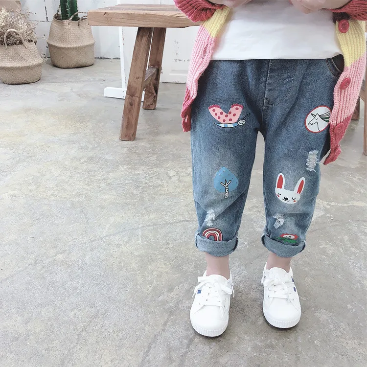 Bonito dos Desenhos Calças de Cintura Meninas Animados Jeans Outono Crianças Calças Casuais Elástica 2020 3 Cheap Jeans