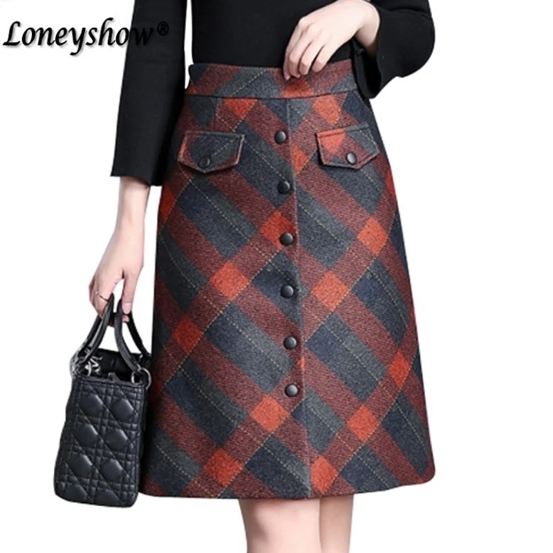 Elegant Office Lady Vintage Skirt Women High Waist Midi Plaid Skirt ...