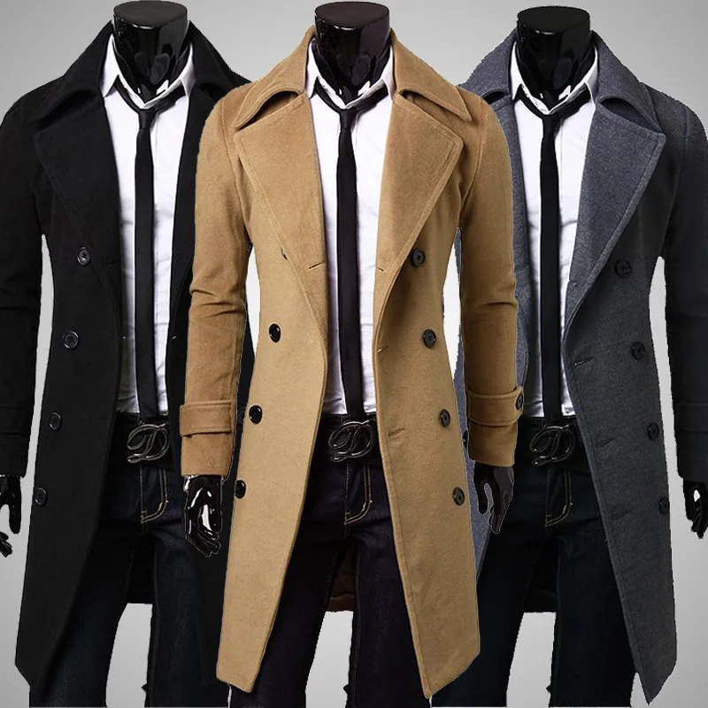 Новое поступление мужской Для мужчин зимняя куртка теплая шерсть Смеси Тренч Двойной Брестед Мода длинные пальто куртки размера плюс 4xl