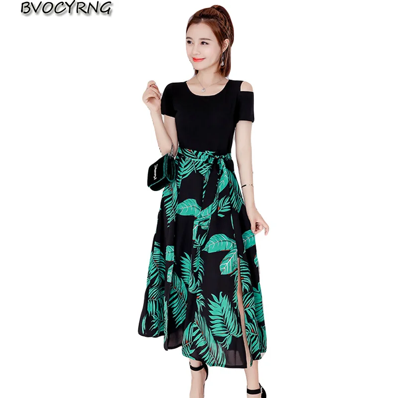 High end Women's Summer Dress Female 2018 Fashion False 2 Piece Print