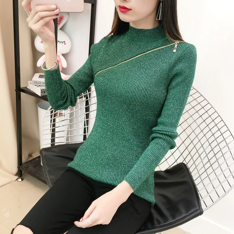 Shiny Lurex Half Turtleneck Women Sweater And Pullover Zipper Basic Sweaters Autumn Winter Korean Solid Knit Tops Jumper Femme