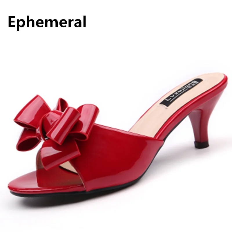 

Lady's Peep Toe Slides High Heels 6cm Summer Slippers Plus Size 41-3 Princess and Fairy Style New Arrivals 2019 Sweet Bow-Knot