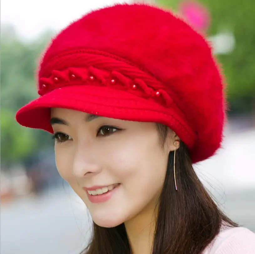 Элегантная женская шапка, зимняя и осенняя вязаная шапка для женщин, шапка из кроличьего меха, осенняя и зимняя женская модная шапка Skullies - Цвет: Red