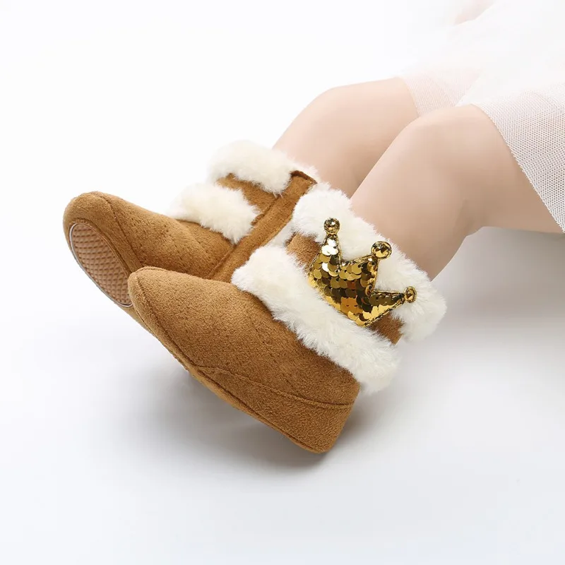 Newborn Baby Shoes Winter Warm Baby Boots Crown Fur Slip-On Furry Infant Warm Prewalkers Soft Sole Shoes For Girls 0-18M