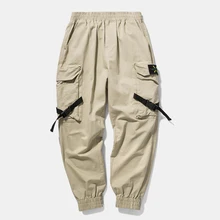 Модные черные хаки грузов Штаны карманов пот Штаны осень эластичный пояс jogger Винтаж свободные Для мужчин/Для женщин хлопковые брюки