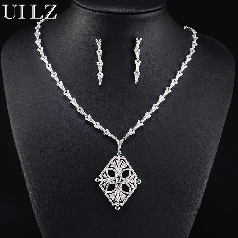 

UILZ Women Party Dinner Jewelry Set Clear Green Cubic Zircon Strip Earrings Geometric Pendent Necklace US422