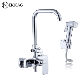 

Chrome Plated Kitchen Faucet Double Injection Wall Mounted Rotary Handheld Faucet Hot and Cold Water Mixer Taps