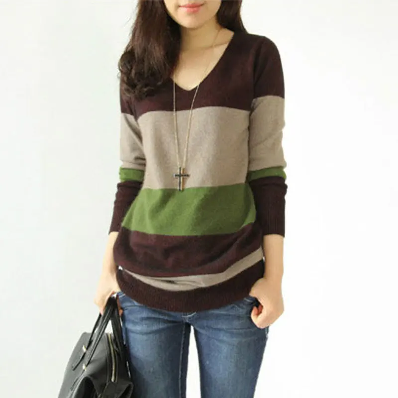 Женский трикотажный кашемировый пуловер в полоску с V-образным вырезом | Женская