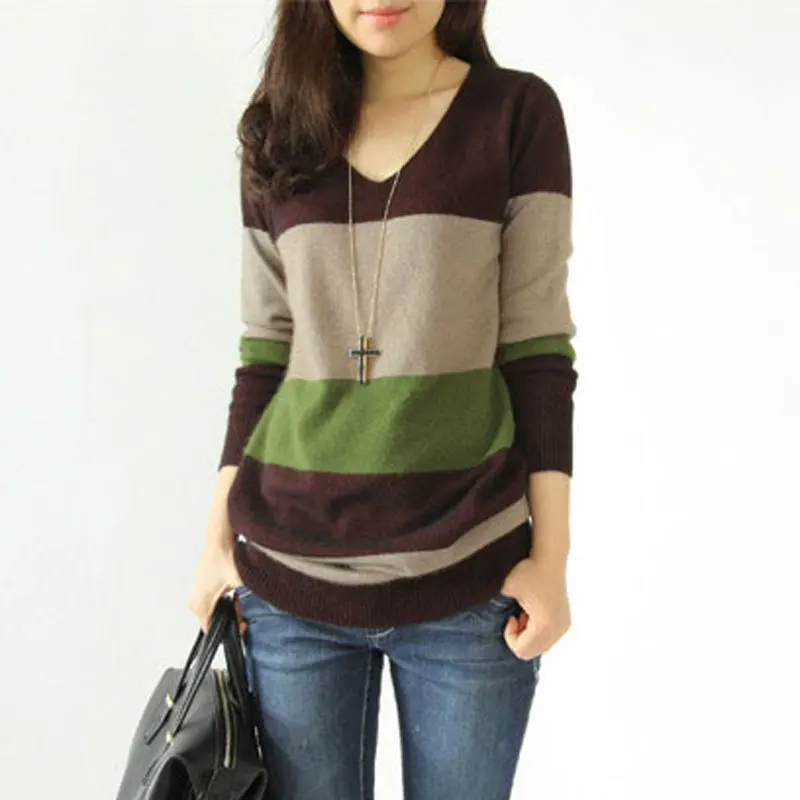 

Zuolunouba 2018 Autumn Formal Knitted Cashmere Long Pullovers Sexy V-neck Three Color Striped Harajuku Slim Women Sweaters