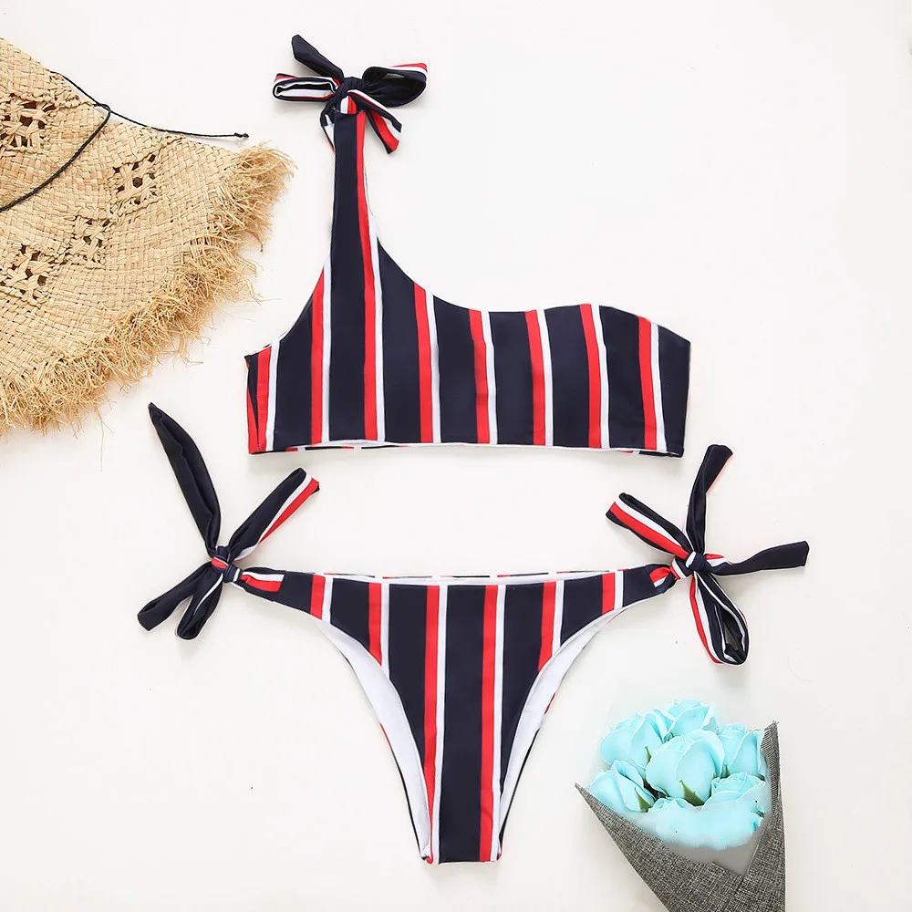 

2018 New One Shoulder Stripped Bikini Set Swimsuit Bathing Suit