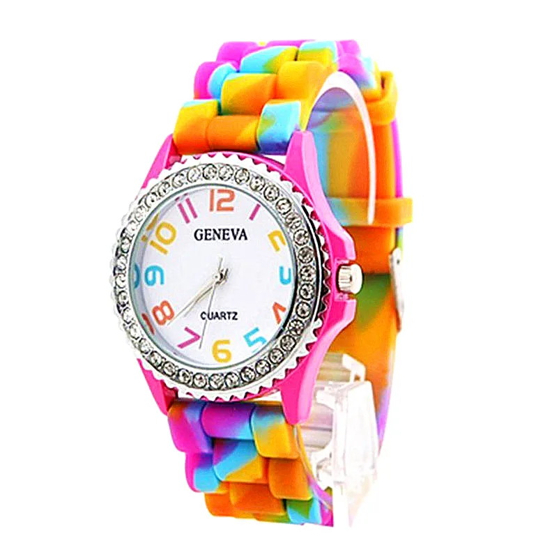 

New Fashion Ladies Watch Dress Rainbow Crystal Rhinestone Watch Silicone Jelly Link Band wristwatch clock relogio feminino