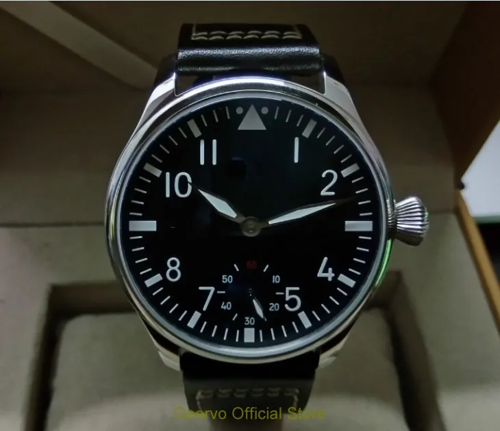 

44mm GEERVO black dial Asian 6497 17 jewels Mechanical Hand Wind movement men's watch green luminous Mechanical watches 070A
