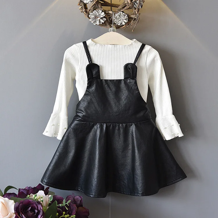 

Kids Sets 2018 autumn new Fashion children's clothing baby strap PU leather skirt bottoming shirt two-piece Suits
